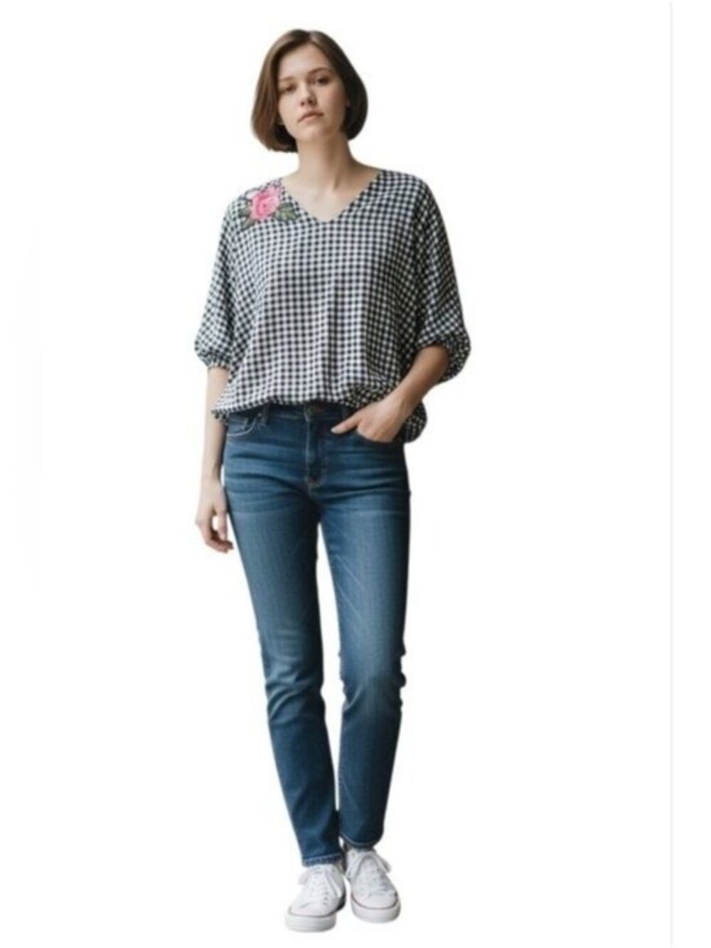 Coco Bianco Gingham Batwing Floral Embroidered top Size Small